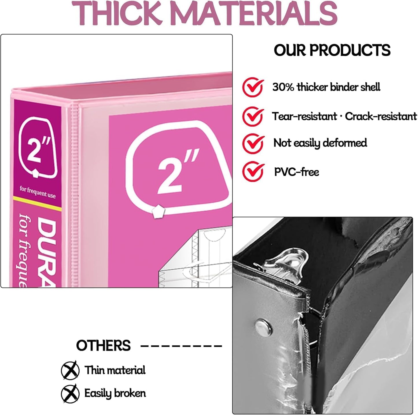 Zzrywuty Durable 3 Ring Binder, 2 Inch, Economy 4 Pack, Each Holds 400 Pages, D-Ring Presentation View Binders for Office, School, Home (Pink)