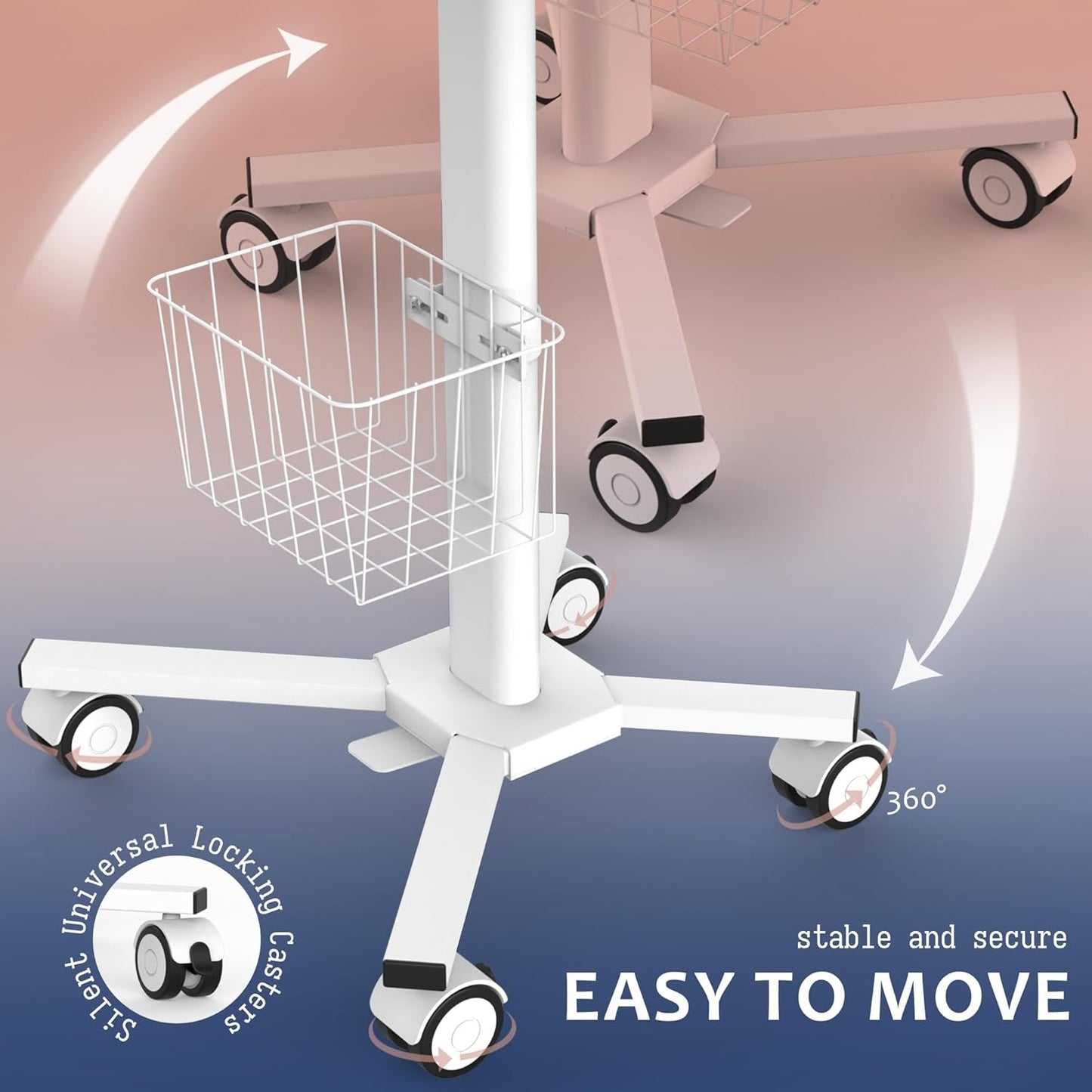 Adjustable Height Portable Laptop Desk with Wheels,White Computer Cart on Wheels,Standing Mobile Desk Workstation, Utility Medical Cart