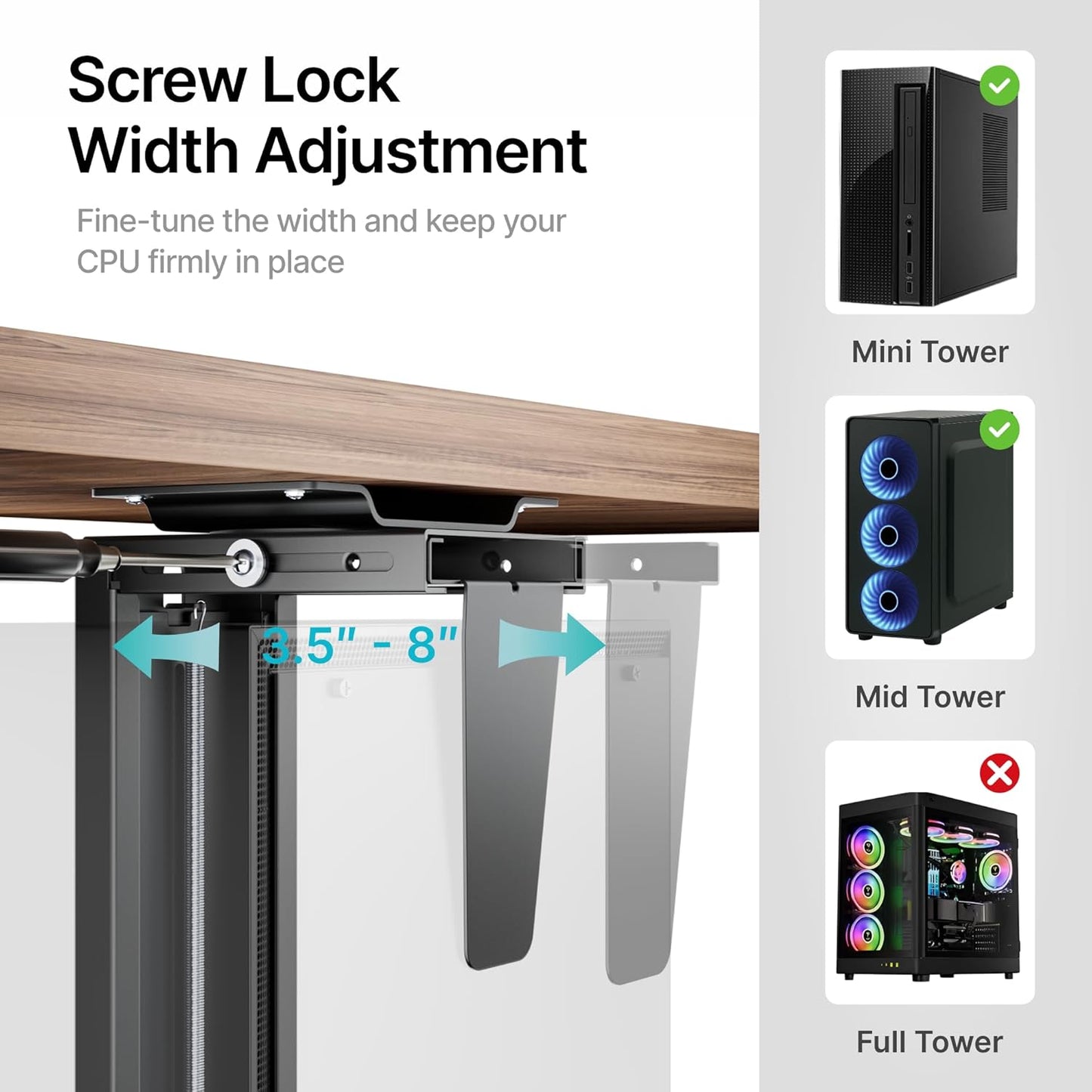 Adjustable Under Desk PC Mount, 3.5 to 8 Inch Wide Computer Tower Holder with Locking Handle,360 Degree Swivel Adjustable Height and Width, Black