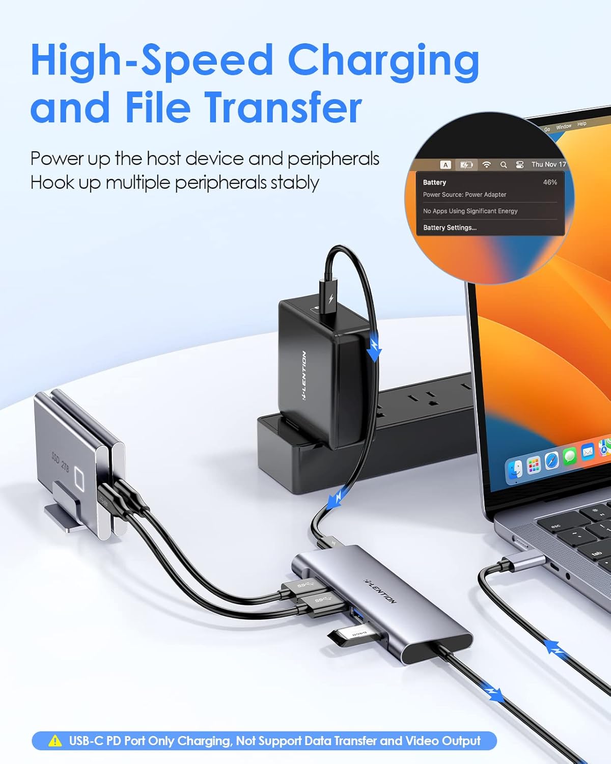 LENTION 3.3FT Long Cable USB C Multiport Hub with 4K HDMI, 4 USB 3.0, Type C Charging Compatible 2024-2016 MacBook Pro, New Mac Air/iMac/Mac Mini, More, Stable Driver Adapter (C35-1M, Space Gray)