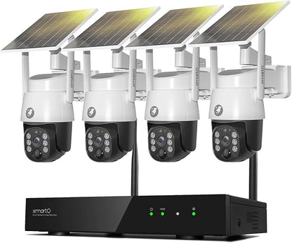 xmartO 10CH 4-CAM 4MP QHD Solar Battery PTZ Security Camera System, Solar Outdoor/Indoor WiFi Camera, 5G 10CH 4K H.265 Long Range WiFi 6 Surveillance DVR NVR Kit (Pole/Tree/Wall/Ceiling Installation)