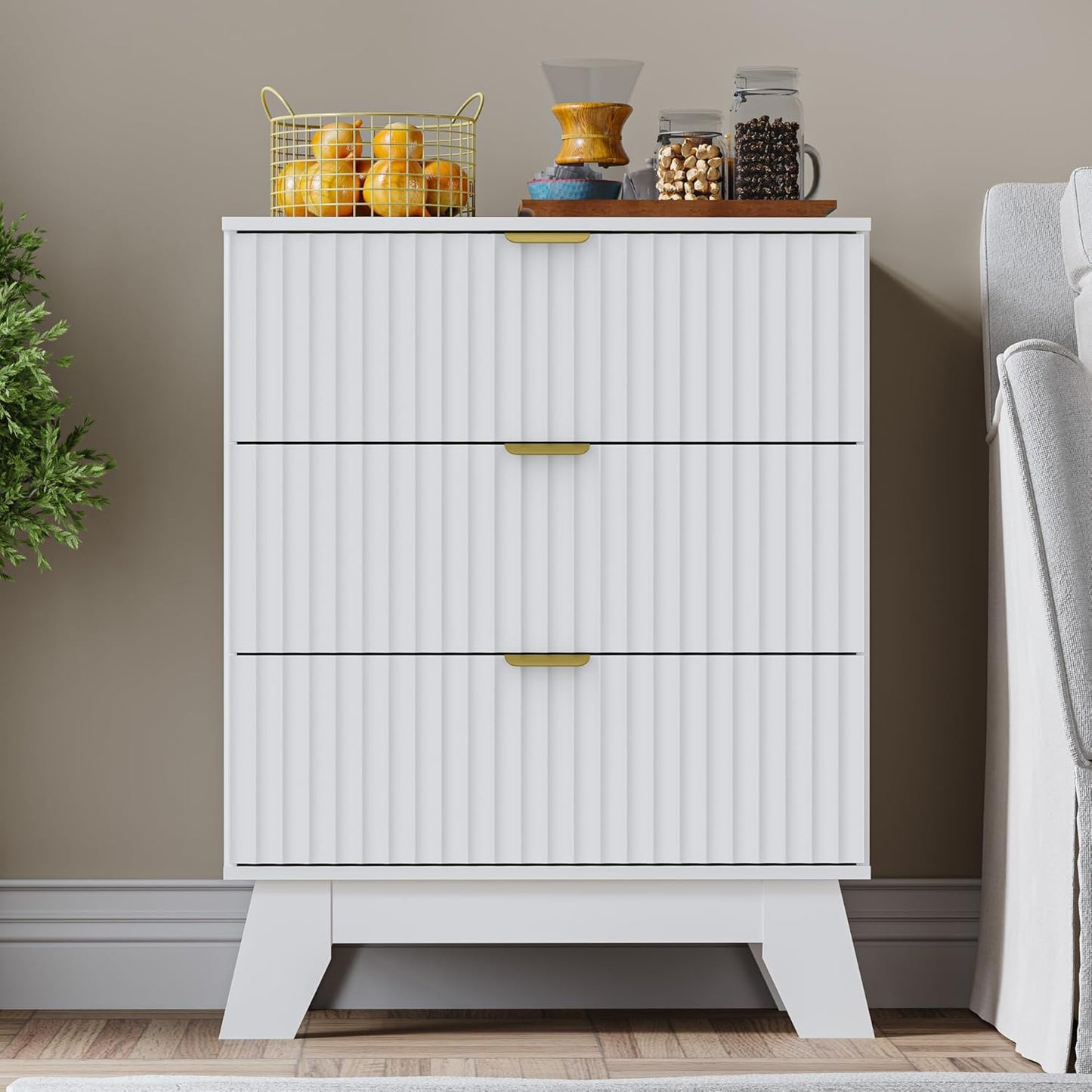 Fluted 3 Drawer Dresser, 30.3" Tall Compact Modern Boho Chest of Drawers, Wooden Storage Cabinet for Bedroom, Living Room, Entryway, Curved Profile Design