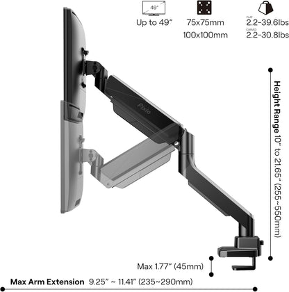 Pixio PS2S Ultrawide Heavy-Duty Premium Single Monitor Arm Stand Desk Mount - Fits up to 49 inches Monitors, Weights up to 39lbs Flat / 31lbs Curved, Compatible with VESA 75x75mm 100x100mm