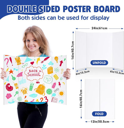 Trifold Poster Board,12 Pack 24" x 16" White Corrugated Poster Boards,Display Board,Perfect for School Projects, Science Fairs, Event Displays, and Business Presentations