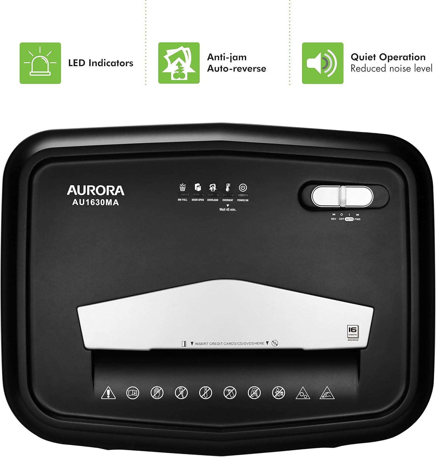 Aurora AU1630MA Anti-Jam 16-Sheet Micro-Cut Paper and CD/Credit Card Shredder/ 10 Minutes Continuous Run Time