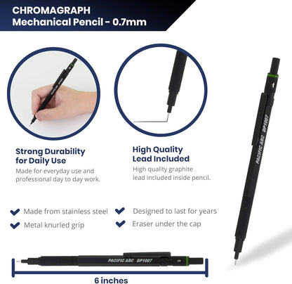 Pacific Arc Chromagraph Metal Mechanical Pencil .7 mm Black Barrel Mechanical Pencil with Built In Lead Pencil Grade Indicator, Lead Pencil Holder for Drafting, Sketching, and Drawing