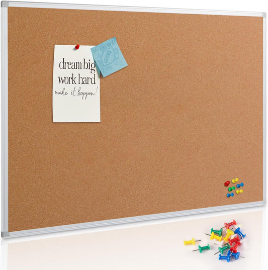 Board2by Large Cork Board Bulletin Board 48 x 36, Silver Aluminium Framed 4x3 Corkboard, Office Board for Wall Cork, Wall Mounted Notice Pin Board with 15 Push Pins for School, Home & Office