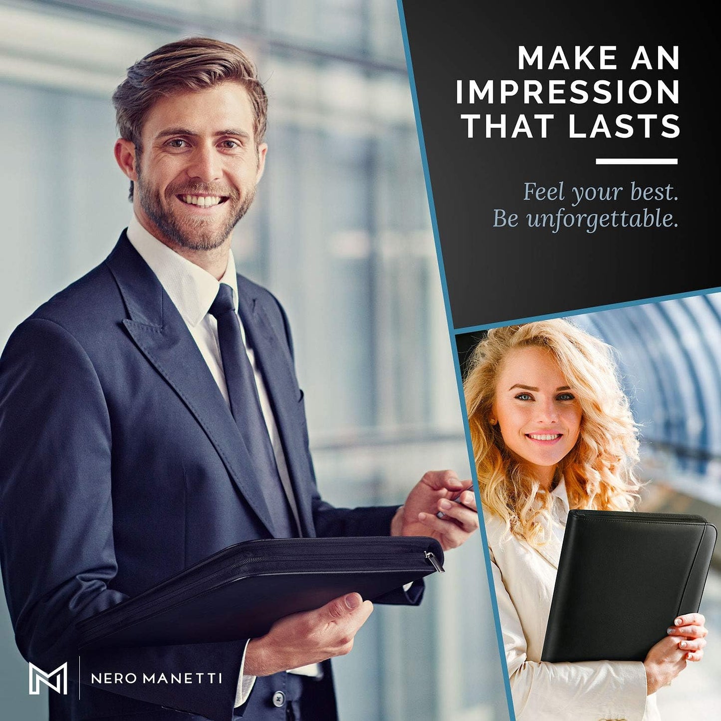 NERO MANETTI- Zippered Vegan Leather Padfolio/Portfolio Pad Holder-Business PU Leather Notepad Folder for Resumes, Interviews, iPad/Tablet, Phone, Legal Pad Notebook Executive Binder for Women, Men