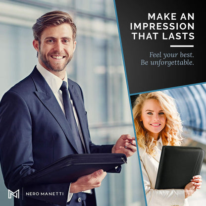 NERO MANETTI- Zippered Vegan Leather Padfolio/Portfolio Pad Holder-Business PU Leather Notepad Folder for Resumes, Interviews, iPad/Tablet, Phone, Legal Pad Notebook Executive Binder for Women, Men