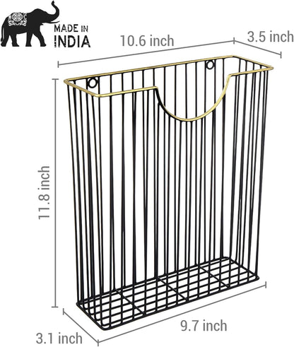 MyGift Art Deco Style Matte Black Metal Wire Magazine Rack with Brass Tone Rim - Wall Mounted Holder Storage Basket for Mail - Handcrafted in India