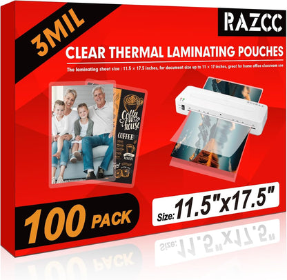 Laminating Sheets, 100 Pack Clear Thermal Laminating Plastic Paper Hold 11 x 17 Inch Sheet, 3 Mil Lamination Sheet Paper for Laminator, Round Corner