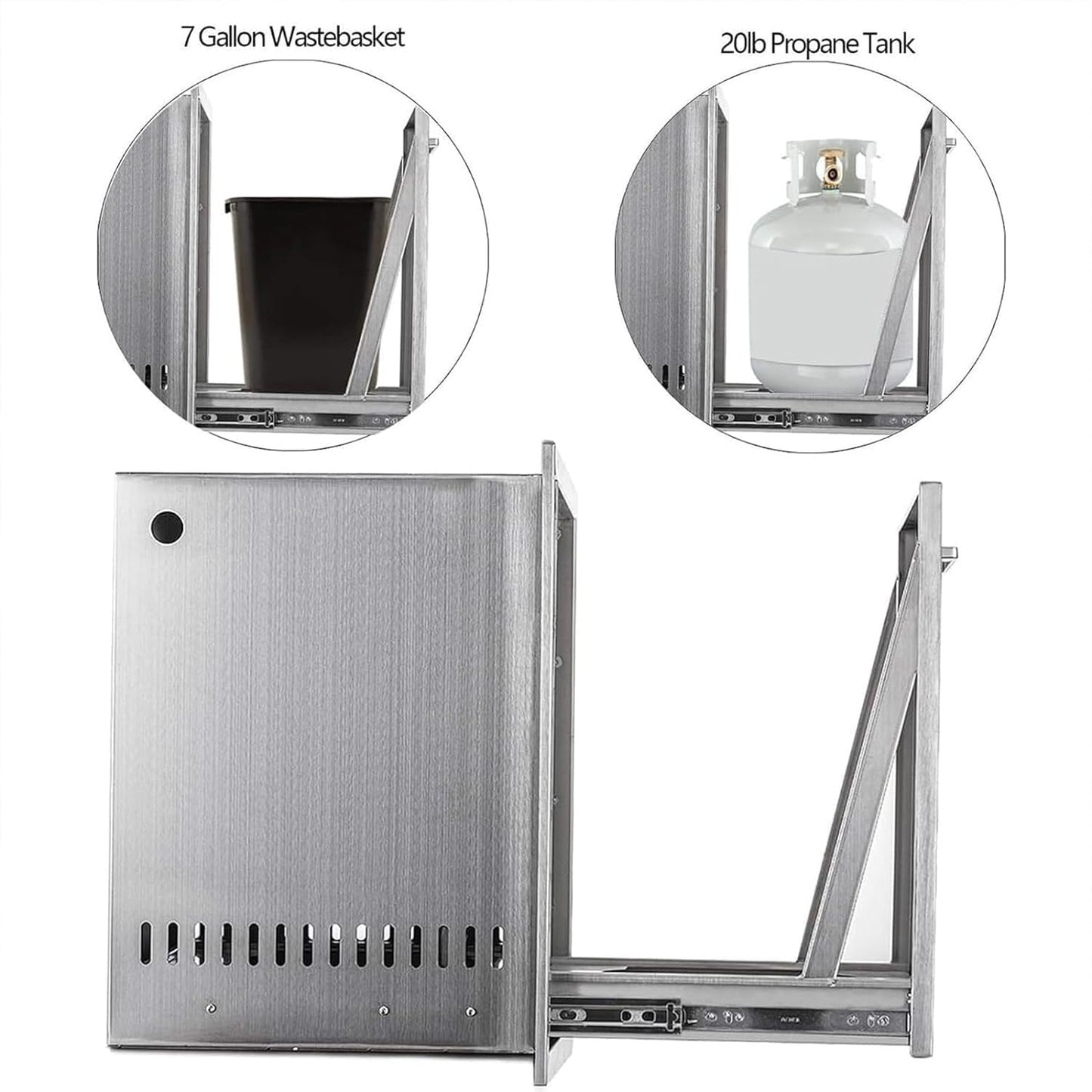 Pull-Out Trash Drawer Stainless Steel Outdoor Kitchen Trash Drawer Storage for Two 10 Gallon Commercial Wastebaskets (W/handle-17x23x16)