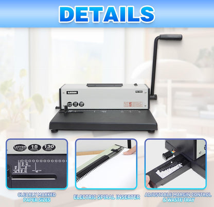 Rayson PD-1503 Coil Binding Machine, 4:1 Pitch Spiral Binder with Electric Coil Inserter for Max. Punching Letter Size