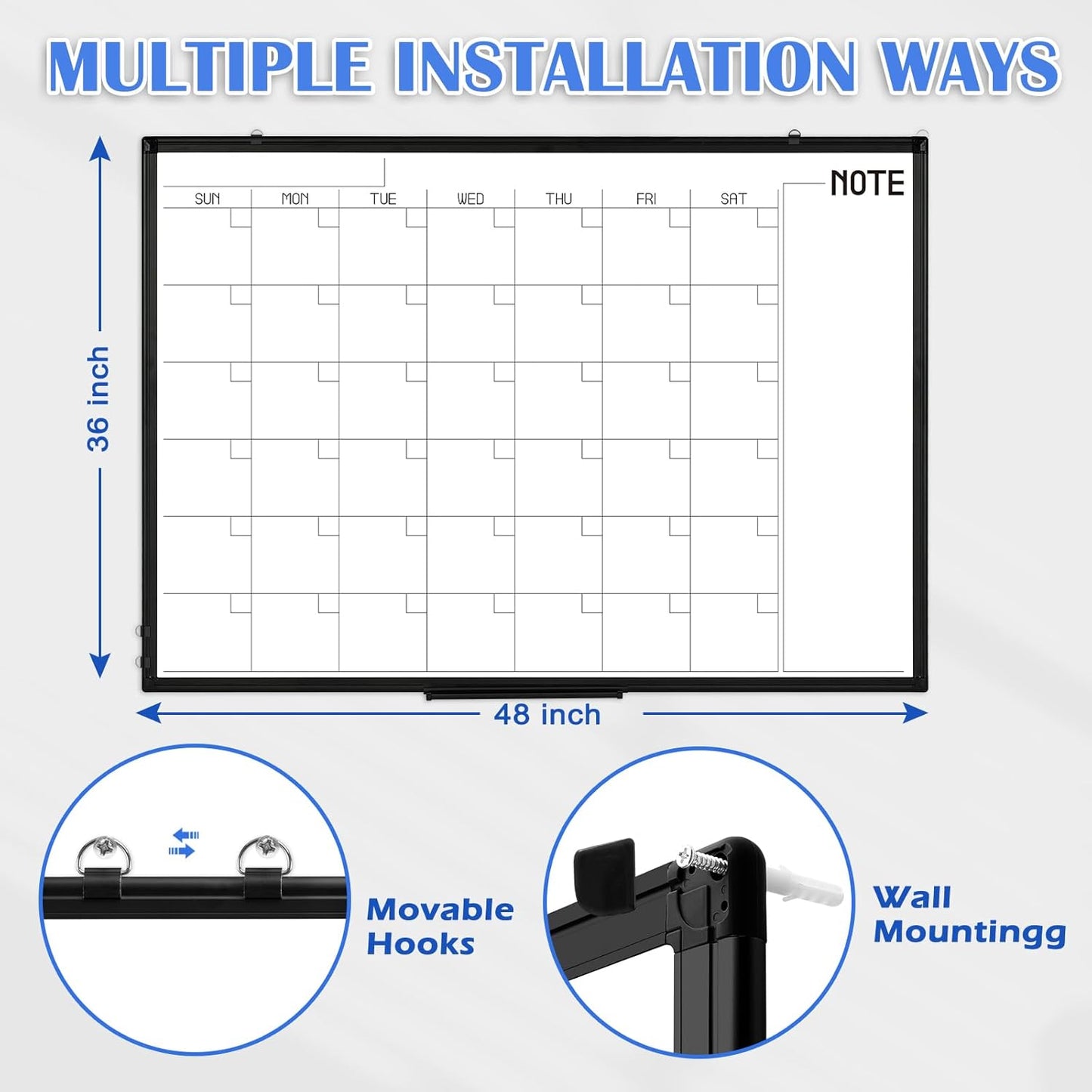 WALGLASS Dry Erase Calendar Whiteboard, 48" x 36" Monthly Large Dry Erase Calendar for Wall, Double-Sided Hanging White Board with Black Aluminum Frame for Home, School, Office, Kitchen