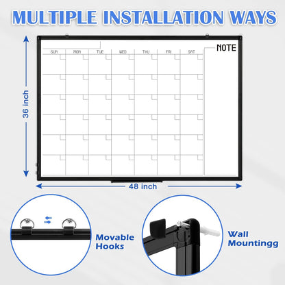 WALGLASS Dry Erase Calendar Whiteboard, 48" x 36" Monthly Large Dry Erase Calendar for Wall, Double-Sided Hanging White Board with Black Aluminum Frame for Home, School, Office, Kitchen