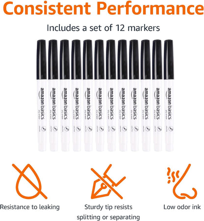 Amazon Basics Low Odor Ultra Fine Tip Dry Erase White Board Markers, Black, 12-Pack