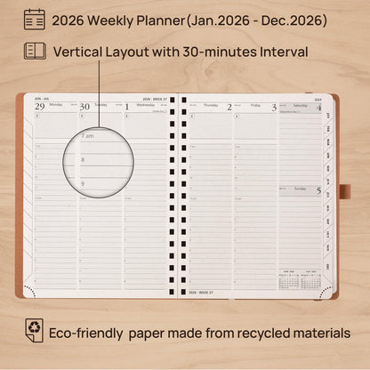 POPRUN 2026 Planner - 2026 Recycled Weekly Planner [Italian Regenrated Leather - Medium Size 6.5'' x 8.5''] - 2026 Weekly Planner with Hourly Schedule, Monthly Tabs-26-WERO7-BGY - Black Grey
