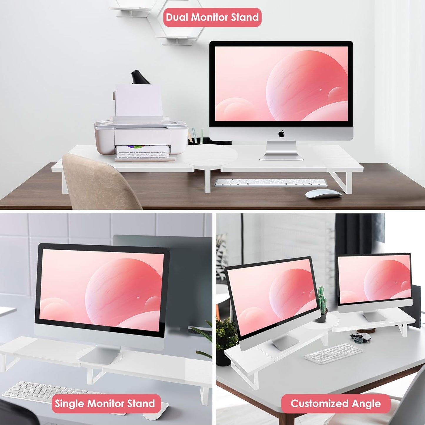 Dual-Monitor-Riser-Stand-For-Desk, Large Monitor Stand Riser For 2 Monitors With Adjustable Length Angle, Double Computer Riser For Desktop Organizer, Monitor Shelf Riser