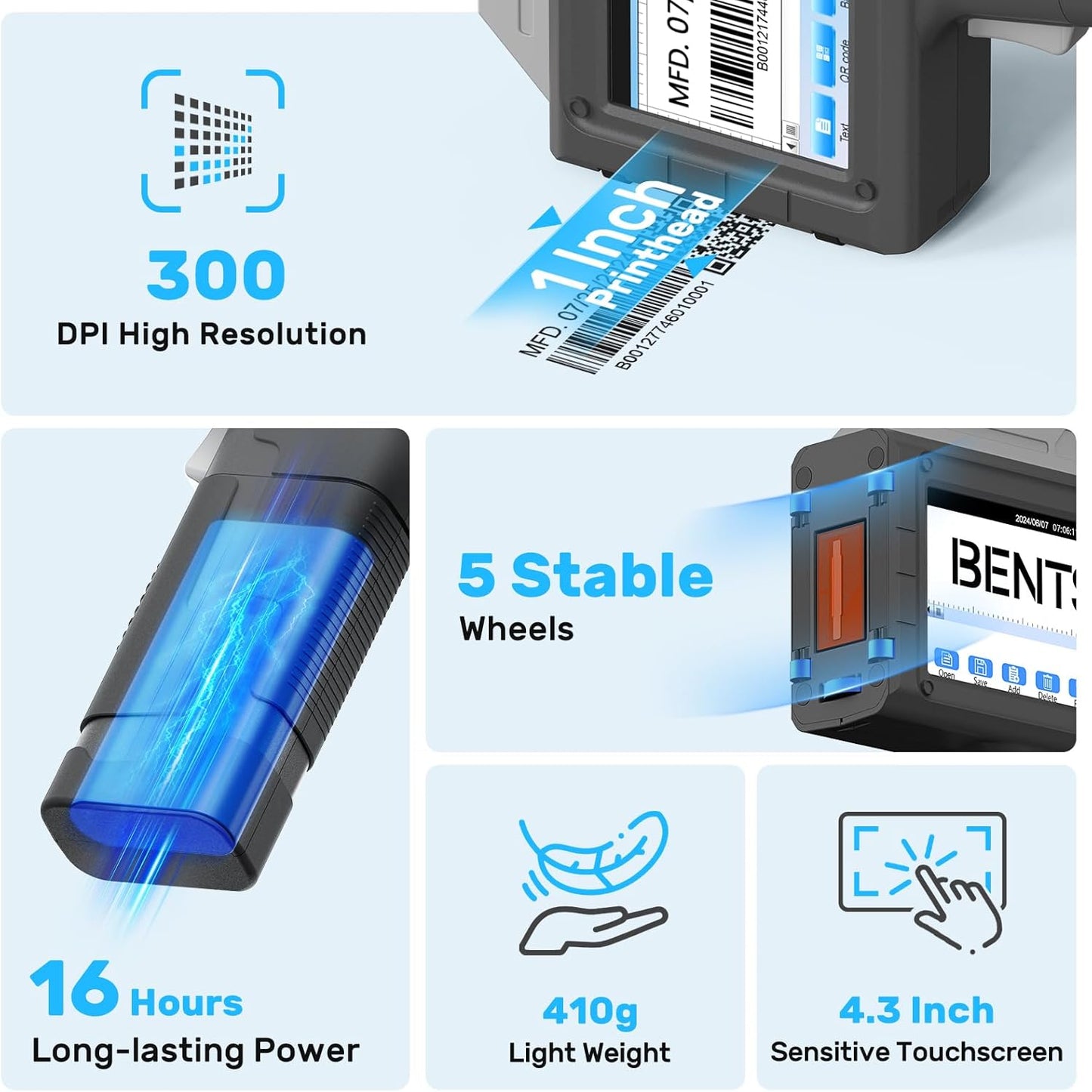 BENTSAI Handheld Inkjet Printer BT-HH6210B 1 Inch (25.4mm) Printhead with 16H Long Endurance for Batch Number Date Logo Barcode QR Code Print on Plastic Cardboard Wood Metal Clothes