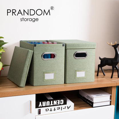 PRANDOM File Organizer Box - Set of 1 Collapsible Decorative Linen Filing Storage Hanging File Folders with Lids Office Cabinet Letter Size Green (14x9.3x10.8 inch)