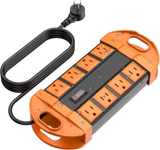 CCCEI Outdoor Power Strip Weatherproof with 8 Plug, Waterproof Extension Cord with Multiple Outlets, Christmas Exterior Garden Yard Surge Protector 10FT, Orange.