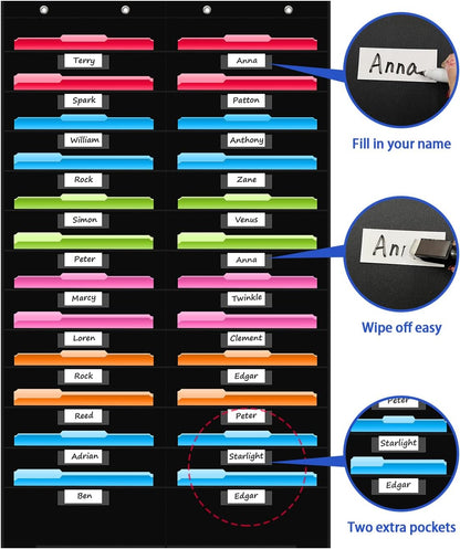 REGELETO 24 Pocket Storage Chart with Nametag Pockets, Hanging Wall File Organizer for Classroom and Office, Black