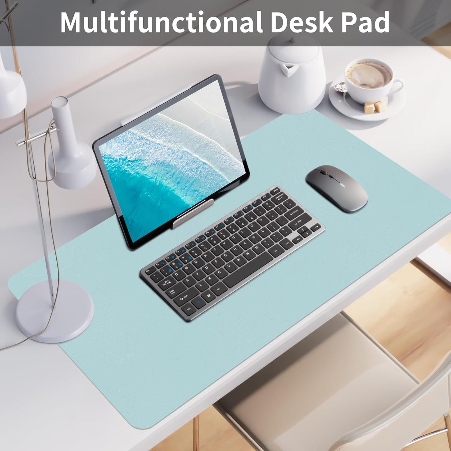 Bloss Light Blue Desk Mat, Large Mouse Pad, Leather Desk Blotter, Waterproof Desk Pad for Office Home Decor/31.5×15.7 Inch