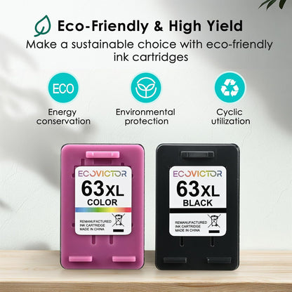 Eco-Friendly Remanufactured Ink Cartridge Replacement for HP 63 63XL HP63 Black and Color Combo 2 Pack for 3830 4650 4652 4655 4520 4512 5255 5258 5252 5200 3833 3630 3632 2132 2130 Printer