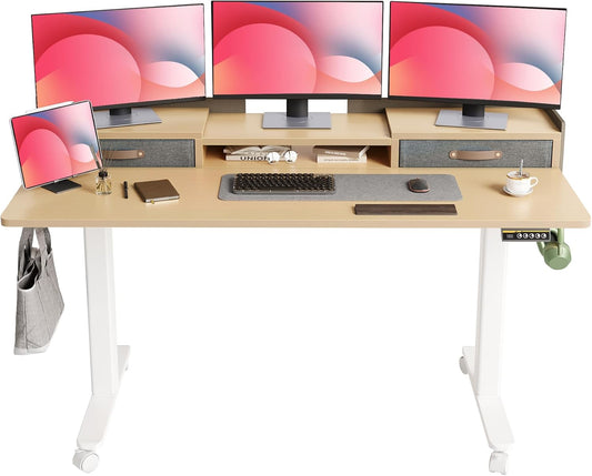 YDN Standing Desk with Drawers, 59 Inch Standing Desk Adjustable Height, Adjustable Electric Stand Up with Storage and Shelf, Natural