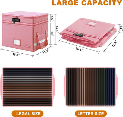 DocSafe File Box with Lock,Multi-Layer Fireproof Document Box Collapsible File Storage Organizer with Pockets/Handle,Large Portable Home Office Filing Safe for Hanging Letter/Legal Size Folders,Pink