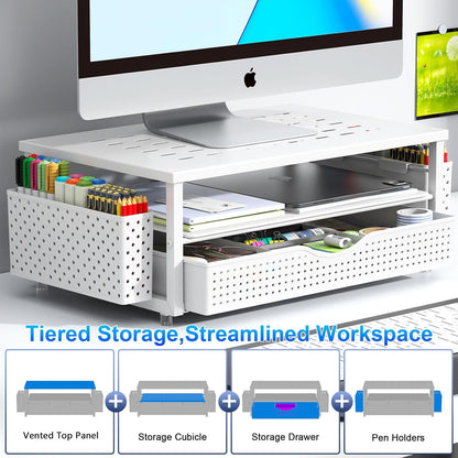 gianotter Desk Organizers and Accessories, Monitor Stand with Drawer and 2 Pen Holder, Desktop Organizer Suitable for Offices and Dormitories (White)