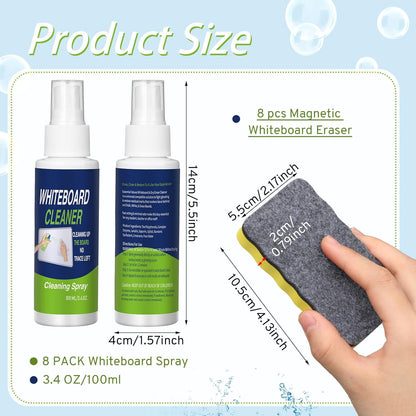 8 Pack Whiteboard Cleaner 3.4 fl oz Whiteboard Cleaning Spray Dry Erase Board Liquid Cleaner with 8 Pack Magnetic Chalkboard Board Erasers White Board Eraser for Classrooms, Home, Office