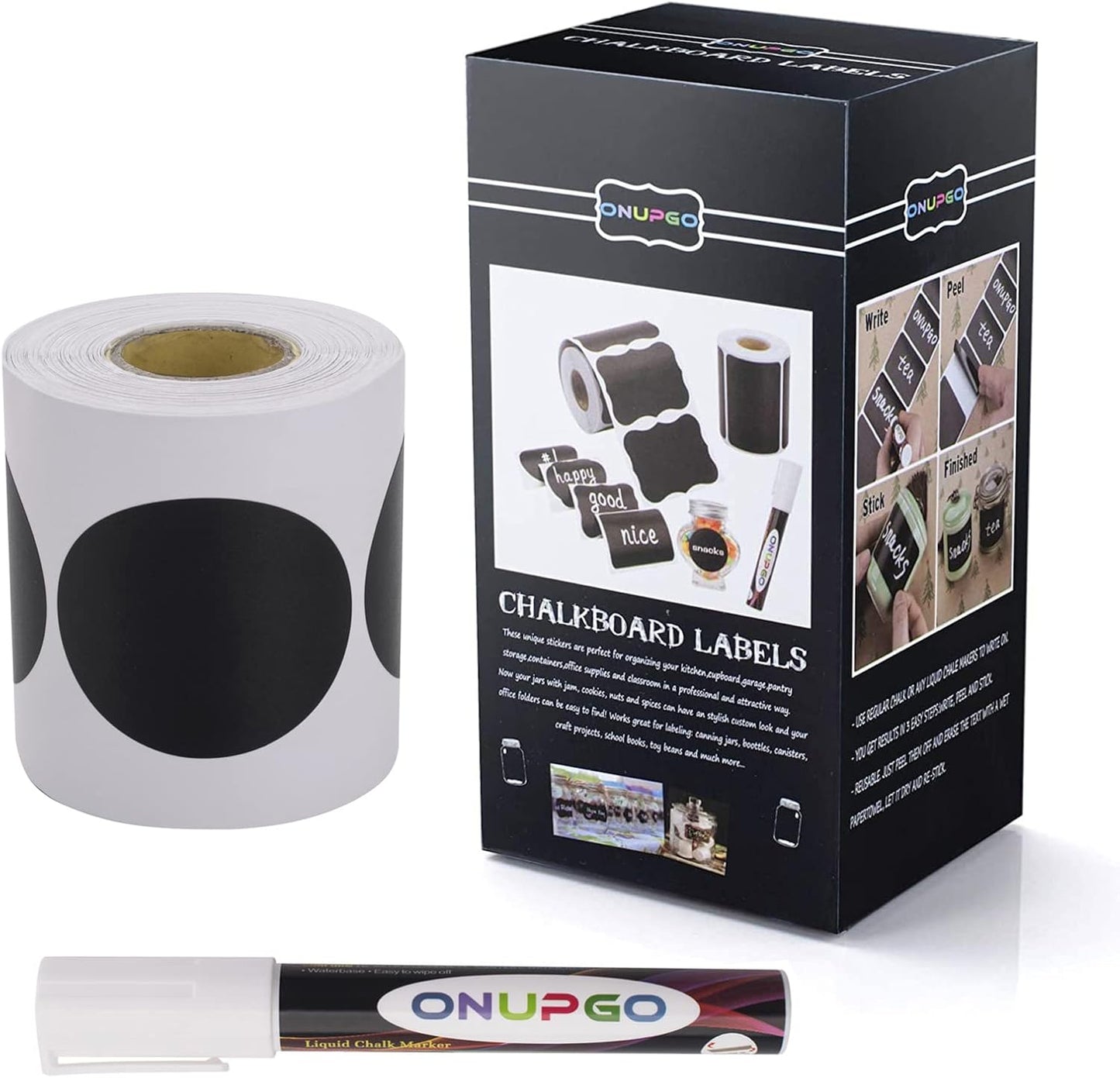 ONUPGO Chalkboard Labels-180pcs Waterproof Reusable Blackboard Stickers with 1 Liquid Chalk Marker for Mason Jars, Parties Decoration, Craft Rooms, Weddings, Storage, Organize Your Home & Kitchen