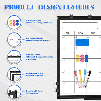 Monthly Calendar Dry Erase Whiteboard, 24" x 18" Magnetic Calendar White Board, Double-Sided Portable Board with Black Aluminium Frame for Office, Kitchen, School, Home
