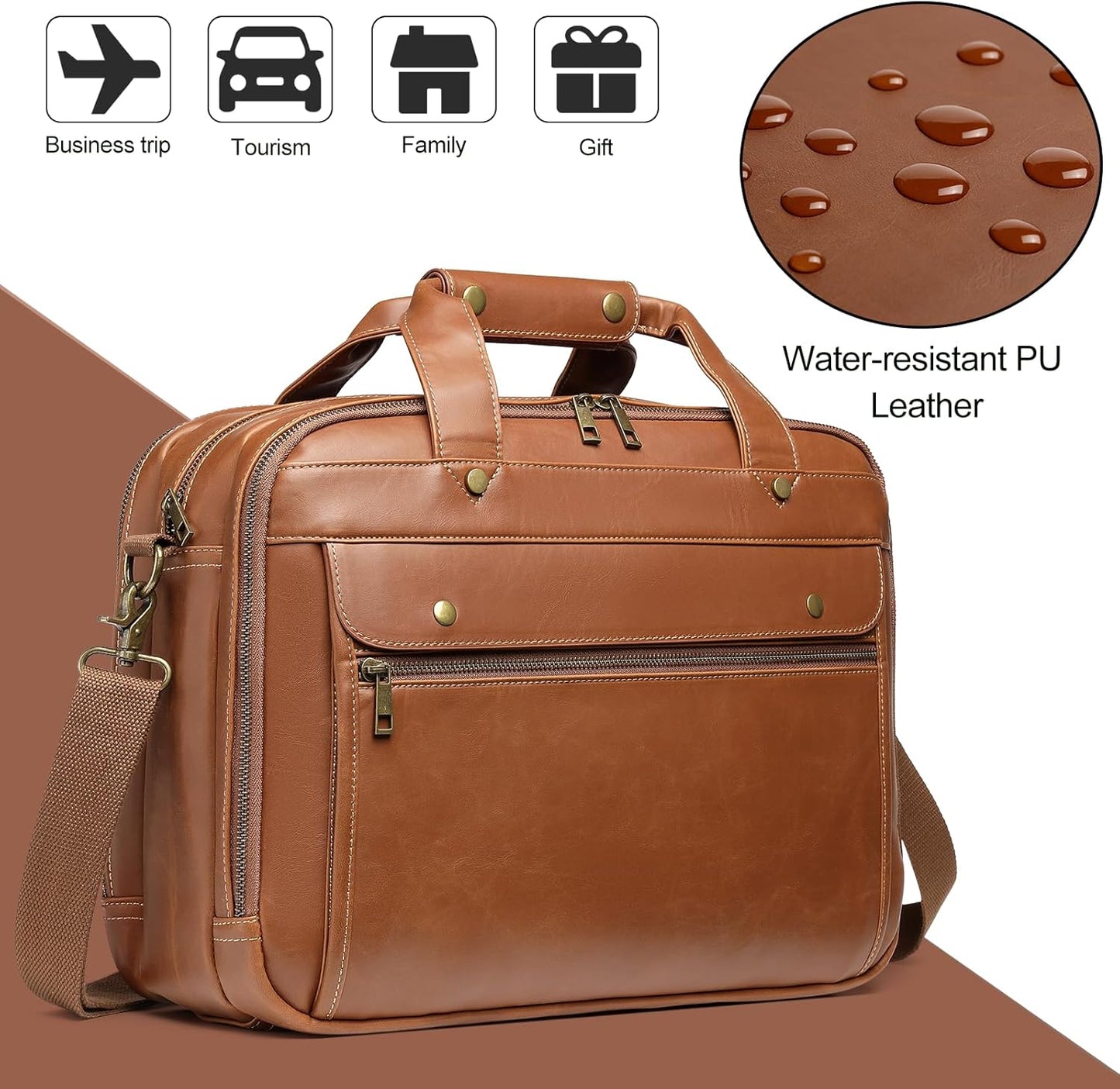 Leather Briefcases for Men 15.6 Inch Laptop Messenger Bag with Triple Compartments Water-Resistant Computer Shoulder Bag for Business, Travel, Work, Office, Coffee
