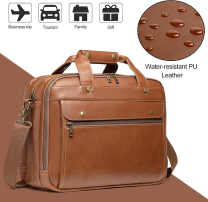 Leather Briefcases for Men 15.6 Inch Laptop Messenger Bag with Triple Compartments Water-Resistant Computer Shoulder Bag for Business, Travel, Work, Office, Coffee