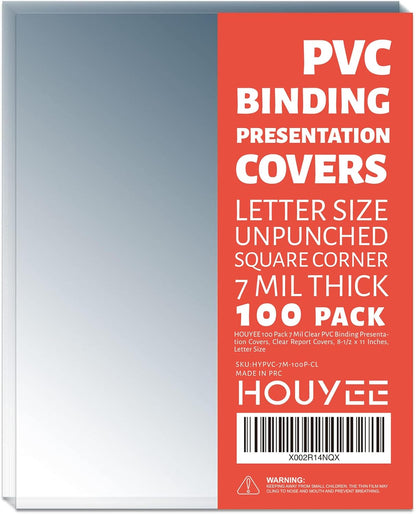 100 Pack 7 Mil PVC Binding Presentation Covers,Clear PVC Covers for Binding, 8-1/2 x 11 Inches,Letter Size