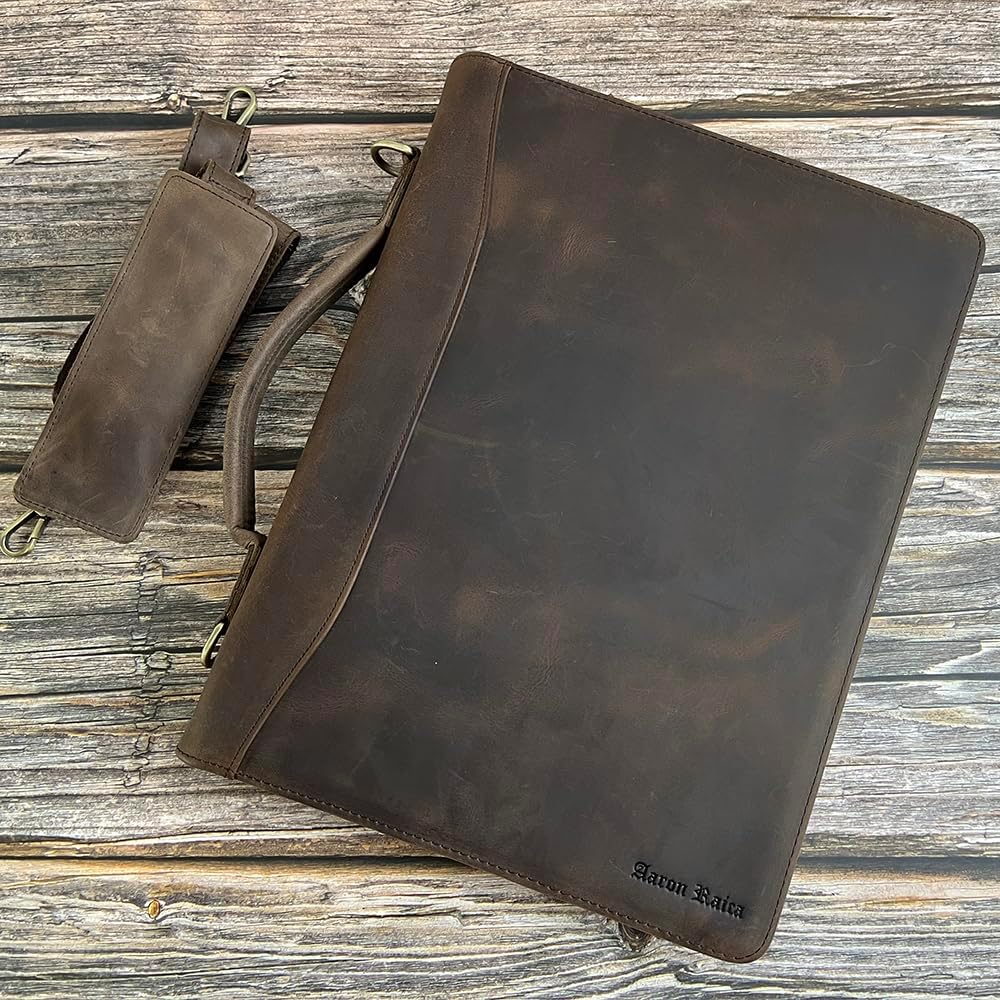 Personalized Leather Portfolio Organizer for IPad/Document, Business Padfolio with A4 Leather Notepad Holder, Custom Leather Compact Folder Conference Portfolio for Men and Women, Dark Khaki