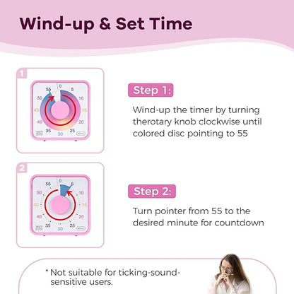 TWENTY5 SEVEN Countdown Timer 7.5 inch, 60 Minute 1 Hour Visual Timer for Classroom Teaching Tool Office Meeting, Mechanical Countdown Clock for Kids Exam Time Management Magnetic, Ombre Pink Macarons