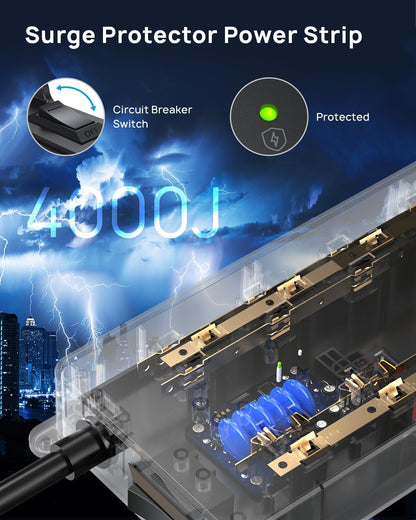 TROND Power Strip Surge Protector with 360° Rotating Flat Plug, 15ft Long Extension Cord, 4000J, ETL Listed, 10 Widely Spaced Outlets, 2 USB A and 2 USB C, Wall Mountable, for Home Office, Black