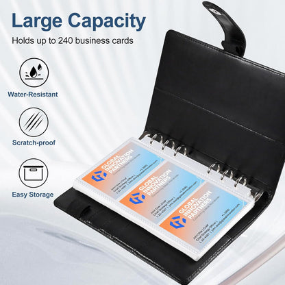 BYSTER Business Card Organizer, 40 Pack 240 Pockets Inner Refill Page Sleeves Business Card Holder Organizer, Professional PU Leather Business Card Book, Black