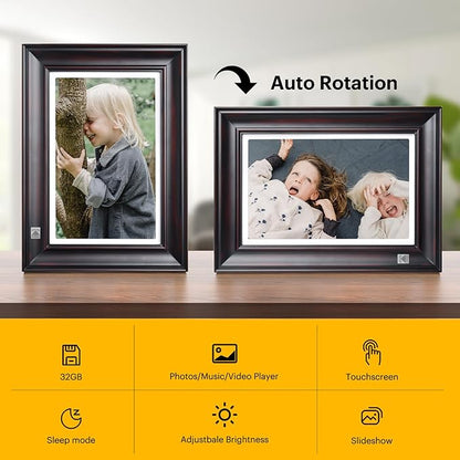 KODAK WiFi Digital Picture Frame, 1920 x 1200 HD Touchscreen Digital Photo Frame, 10.1 Inches Intelligent Electronic Picture Frame with 32 GB,Auto-Rotate, Share Moments Instantly Gifts(Wood Frame)