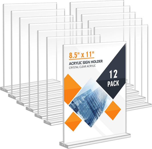 Acrylic Sign Holder 8.5 x 11, Double Sided Sign Holder Stand, Plastic 12 Pack Table Paper Stand, Vertical Menu Flyer Stand, T Shape Table Flyer Holder