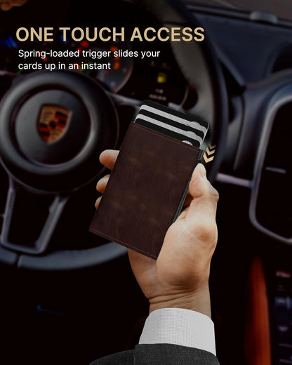 typecase Mens Wallet Card Holder: Pop Up Aluminum Case, Genuine Leather, Smart, RFID Blocking, Slim, Minimalist, Front Pocket - 9-14 Card Capacity | ID Window | Cash Slot - Oil Wax Brown