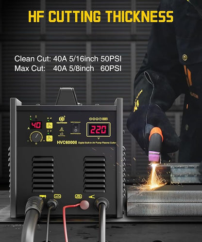 H HZXVOGEN Plasma Cutter with Built in Air Compressor, 50A Pilot Arc Plasma Cutter, 220V High Frequency Air Plasma Cutting Machine DC Inverter IGBT with 2T/4T, Capable External Compressor(HVC6000Pro)
