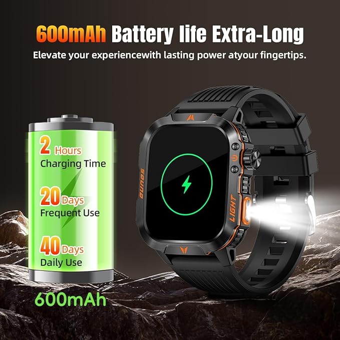 QTLLBT Military Smartwatch, Answer Make Calls LED Flashlight Barometer Compass 2.01HD IP68 Waterproof Outdoor Tactical Watch 100+ Sports Modes Sleep Heart Rate Available for Android iOS (Steel Band)