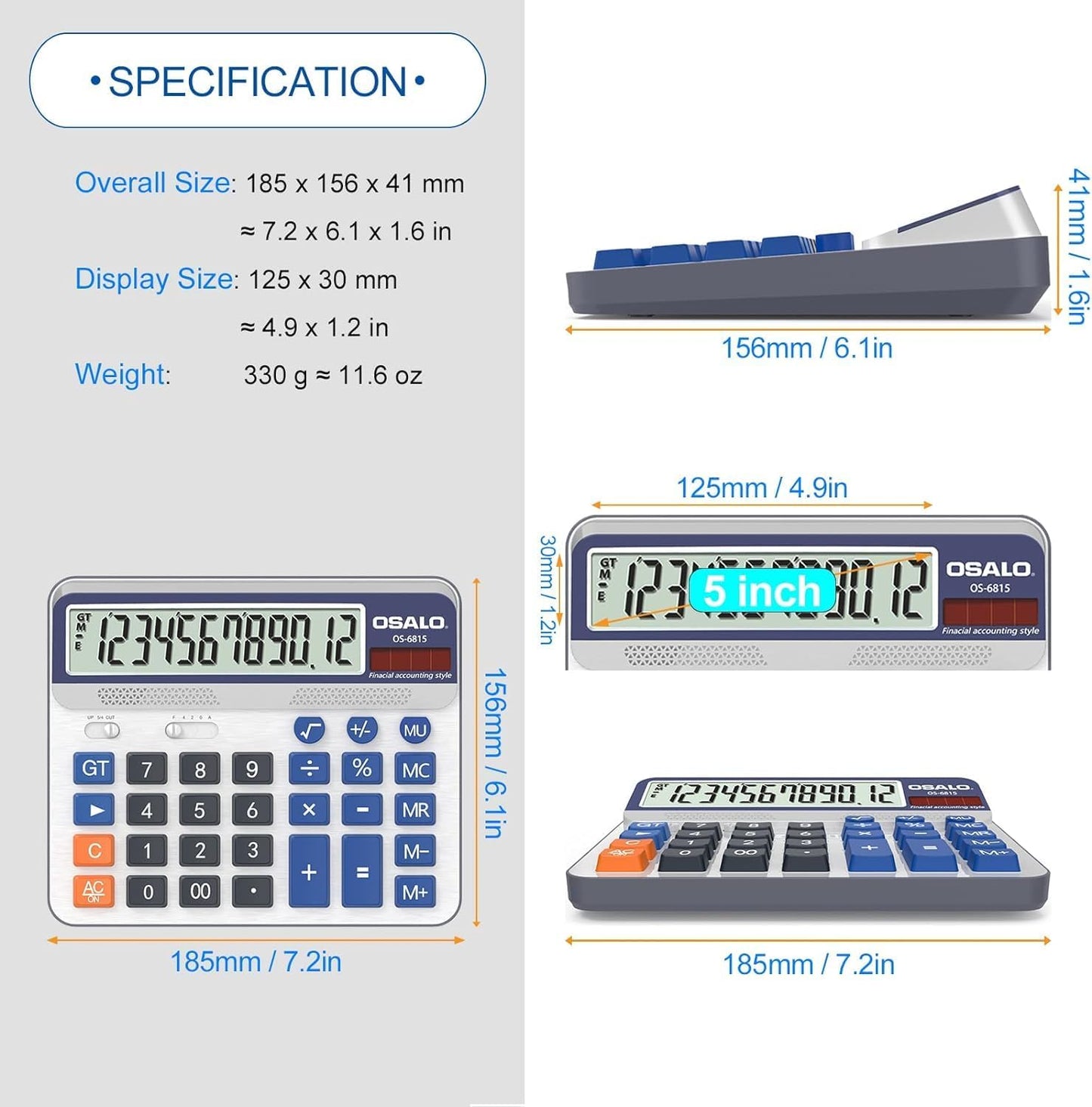 Desktop Calculator Extra Large 5in LCD Display 12-Digit Big Button Giant Accounting Calculator, Battery & Solar Powered, for Office Business & Home(OS-6815)