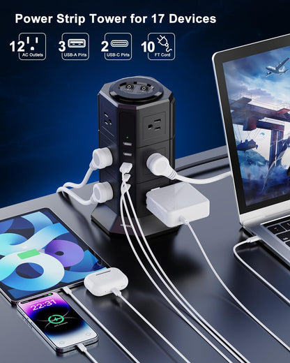 Surge Protector Power Strip Tower, 10FT Ultra Flat Extension Cord with 12 AC Outlets 5 USB Ports(2 Type C), Desktop Charging Station, Flat Plug Outlet Extender for Home Office Dorm