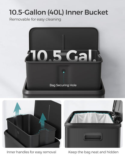 SONGMICS Kitchen Trash Can, 10.5-Gallon (40L) Garbage Can with Lid and Wide Foot Pedal, Soft Close and Stays Open, Black ULTB541B40
