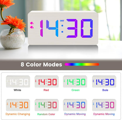 Wooden Digital Alarm Clock with Fast Wireless Charger, Dual USB Charging Ports, DST, Dimmable, Snooze, RGB Large Number Display LED Clock for Bedrooms, Living Room, Desk, Table, Bedside(White)